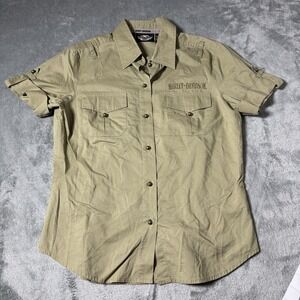 VTG Y2K Harley‎ Davidson Womens Medium Embroidered Roll Up Sleeve Button Shirt